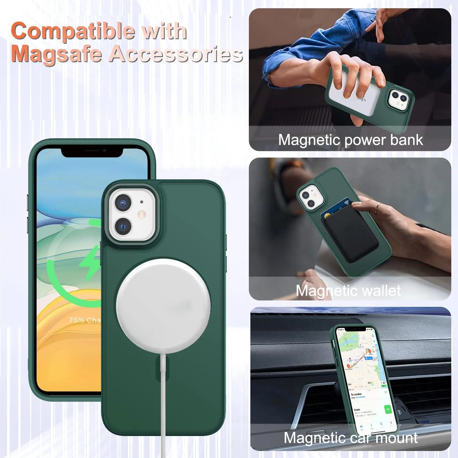for iPhone 11 Case, Matte Magnetic Phone Case with 1 Screen Protector, Compatible with Magsafe, Translucent Frosted Slim Shockproof Protective Cover for iPhone 11 6.1 inch, Dark Green