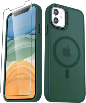 for iPhone 11 Case, Matte Magnetic Phone Case with 1 Screen Protector, Compatible with Magsafe, Translucent Frosted Slim Shockproof Protective Cover for iPhone 11 6.1 inch, Dark Green