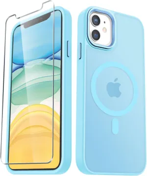 for iPhone 11 Case, Matte Magnetic Phone Case with 1 Screen Protector, Compatible with Magsafe, Translucent Frosted Slim Shockproof Protective Cover for iPhone 11 6.1 inch, Light Blue