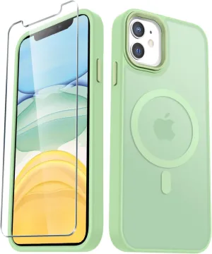 for iPhone 11 Case, Matte Magnetic Phone Case with 1 Screen Protector, Compatible with Magsafe, Translucent Frosted Slim Shockproof Protective Cover for iPhone 11 6.1 inch, Mint Green