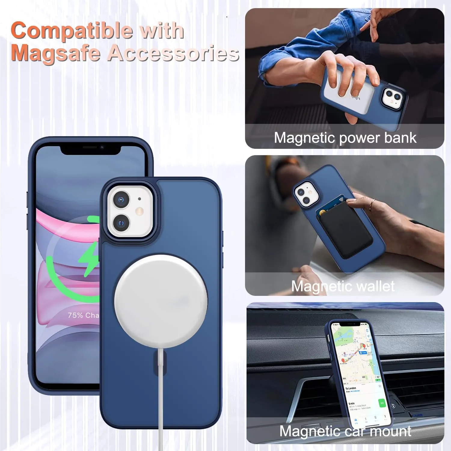 for iPhone 11 Case, Matte Magnetic Phone Case with 1 Screen Protector, Compatible with Magsafe, Translucent Frosted Slim Shockproof Protective Cover for iPhone 11 6.1 inch, Navy Blue