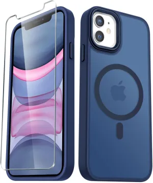 for iPhone 11 Case, Matte Magnetic Phone Case with 1 Screen Protector, Compatible with Magsafe, Translucent Frosted Slim Shockproof Protective Cover for iPhone 11 6.1 inch, Navy Blue