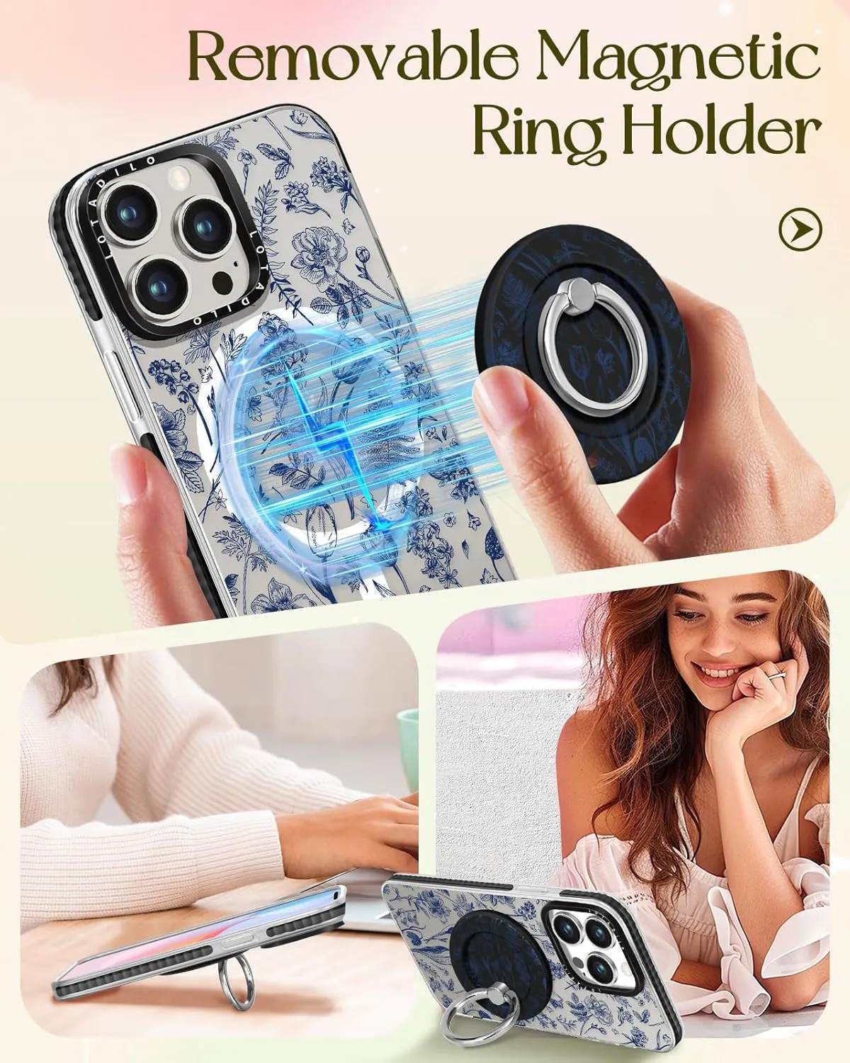 for iPhone 13 Pro Case for Women Girls - Cute Design Compatible with Magsafe Magnetic Ring Holder Stand Line Flower Aesthetic Pattern TPU Phone Covers for iPhone 13 Pro Phone Case