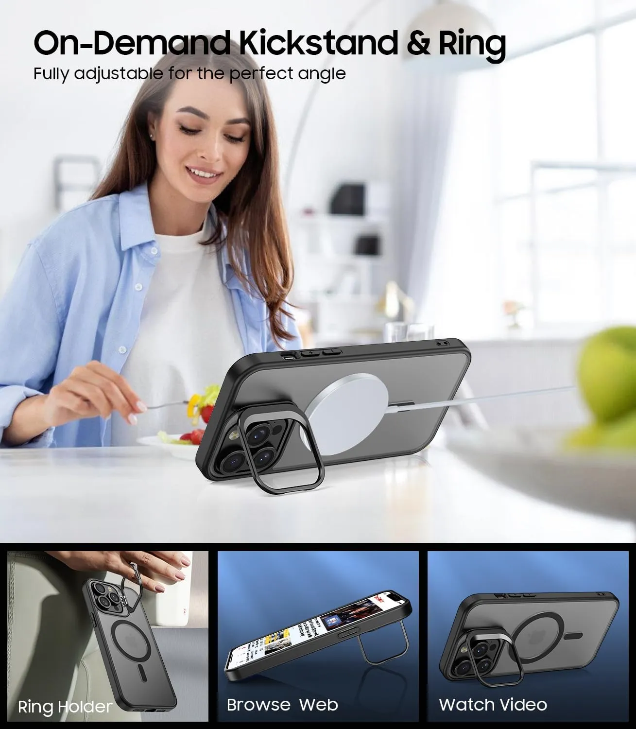 for iPhone 13 Pro Max Case, Compatible with MagSafe, Built-in Camera Ring Stand, with Individual Camera Cover, Translucent Matte Military-Grade Drop Protection Magnetic Case, Black