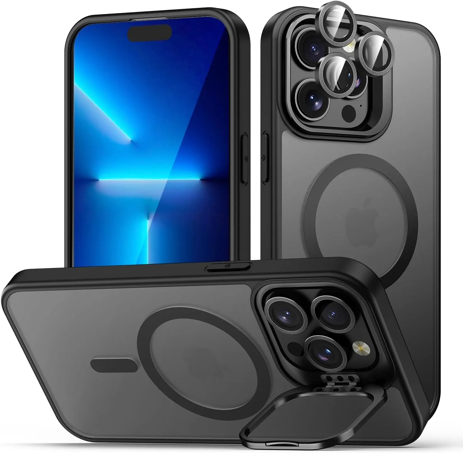for iPhone 13 Pro Max Case, Compatible with MagSafe, Built-in Camera Ring Stand, with Individual Camera Cover, Translucent Matte Military-Grade Drop Protection Magnetic Case, Black