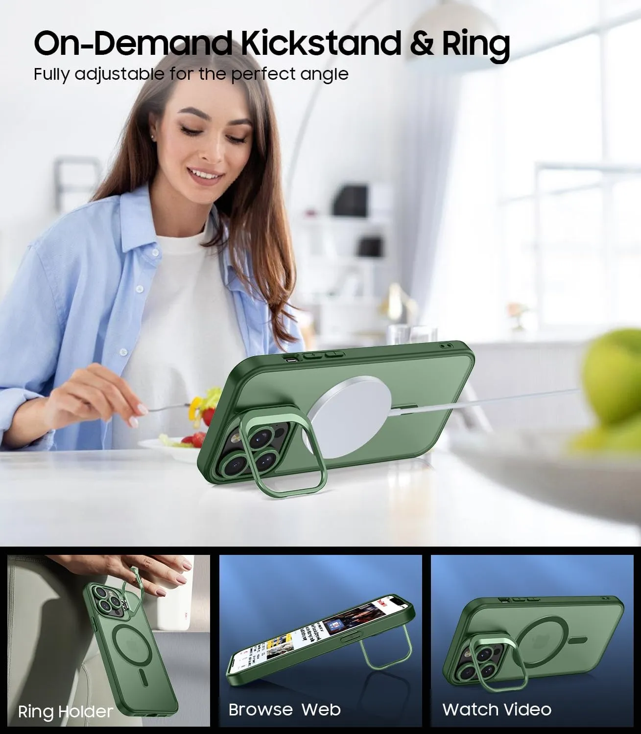 for iPhone 13 Pro Max Case, Compatible with MagSafe, Built-in Camera Ring Stand, with Individual Camera Cover, Translucent Matte Military-Grade Drop Protection Magnetic Case, Green
