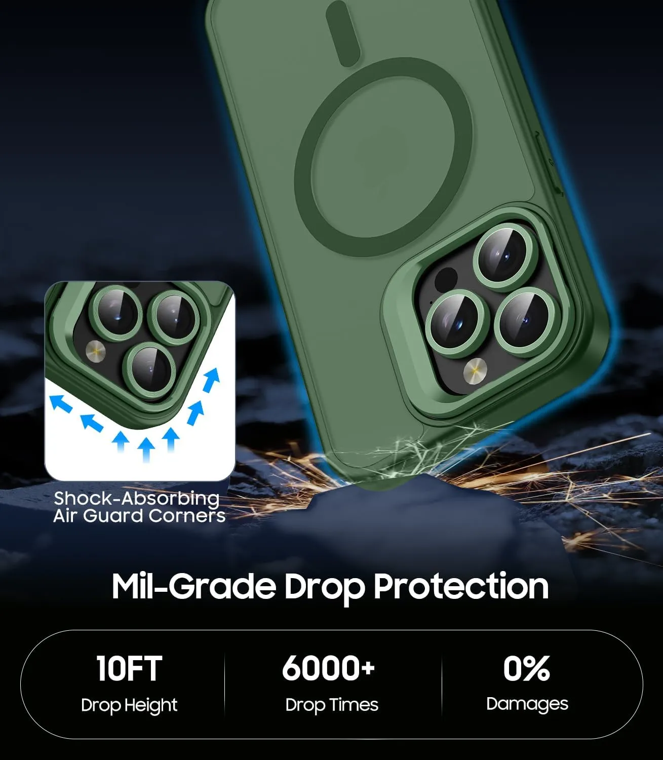 for iPhone 13 Pro Max Case, Compatible with MagSafe, Built-in Camera Ring Stand, with Individual Camera Cover, Translucent Matte Military-Grade Drop Protection Magnetic Case, Green
