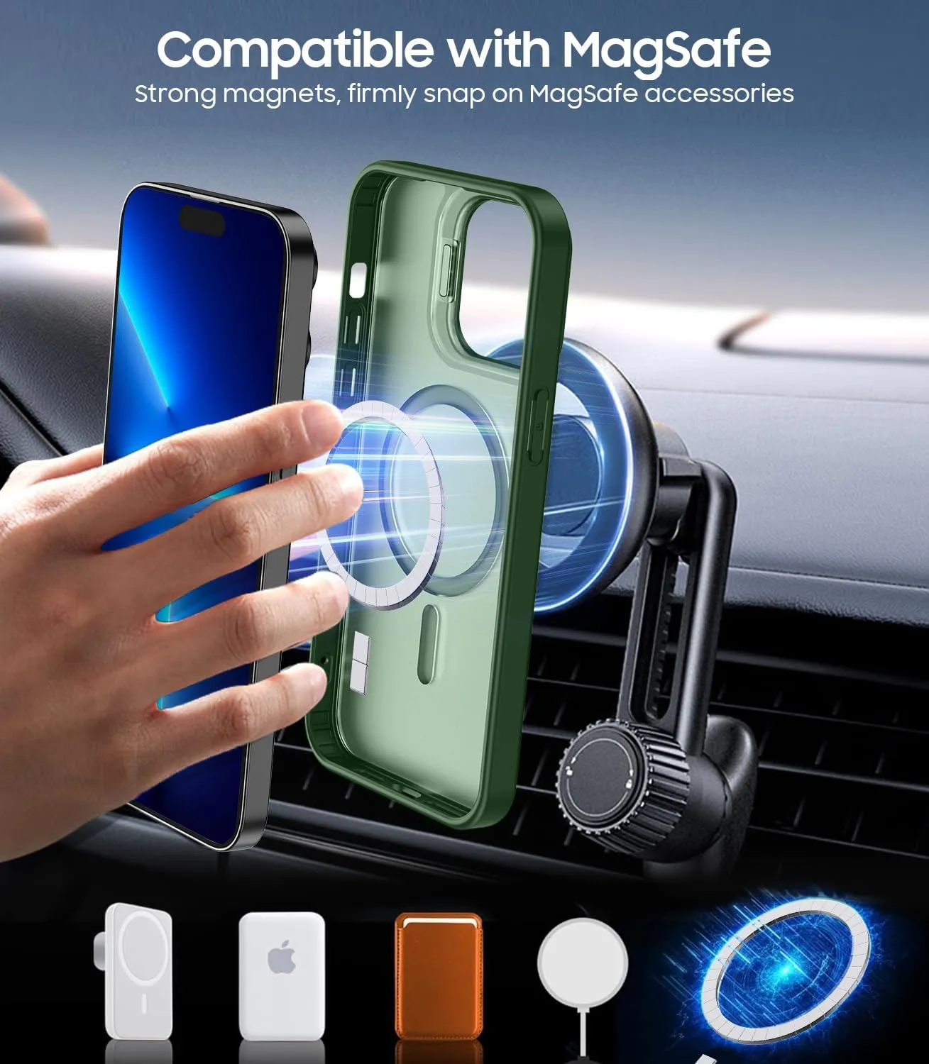 for iPhone 13 Pro Max Case, Compatible with MagSafe, Built-in Camera Ring Stand, with Individual Camera Cover, Translucent Matte Military-Grade Drop Protection Magnetic Case, Green