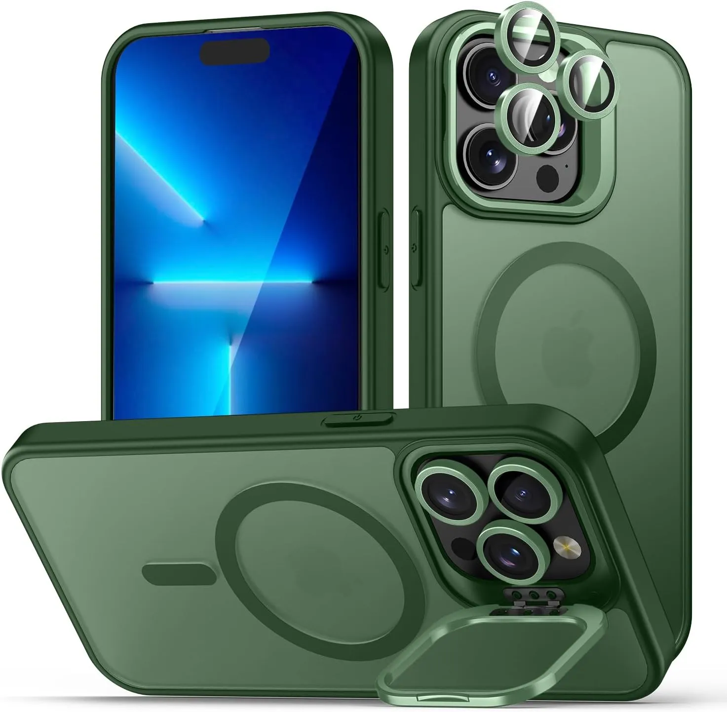 for iPhone 13 Pro Max Case, Compatible with MagSafe, Built-in Camera Ring Stand, with Individual Camera Cover, Translucent Matte Military-Grade Drop Protection Magnetic Case, Green