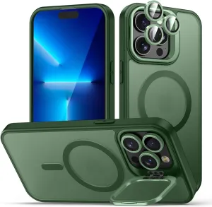 for iPhone 13 Pro Max Case, Compatible with MagSafe, Built-in Camera Ring Stand, with Individual Camera Cover, Translucent Matte Military-Grade Drop Protection Magnetic Case, Green