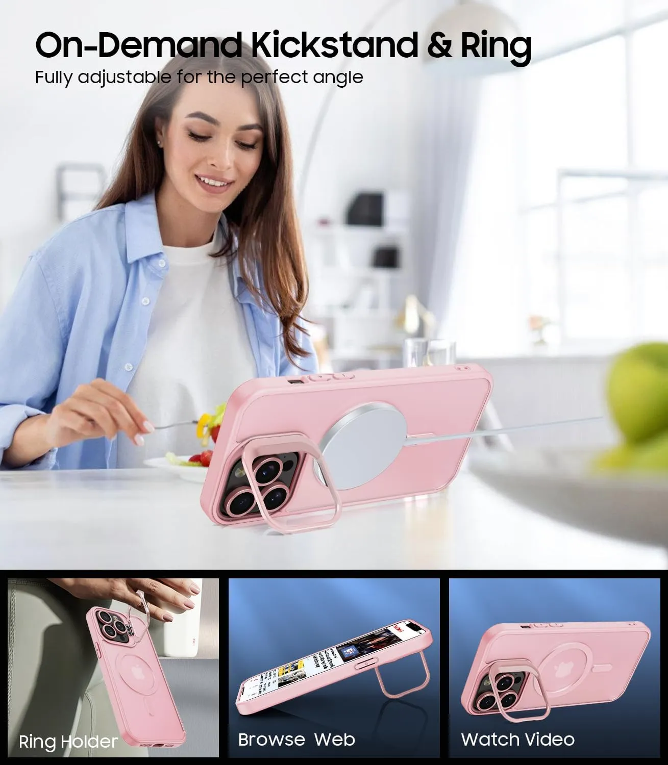 for iPhone 13 Pro Max Case, Compatible with MagSafe, Built-in Camera Ring Stand, with Individual Camera Cover, Translucent Matte Military-Grade Drop Protection Magnetic Case, Pink