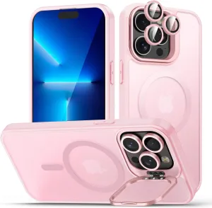 for iPhone 13 Pro Max Case, Compatible with MagSafe, Built-in Camera Ring Stand, with Individual Camera Cover, Translucent Matte Military-Grade Drop Protection Magnetic Case, Pink