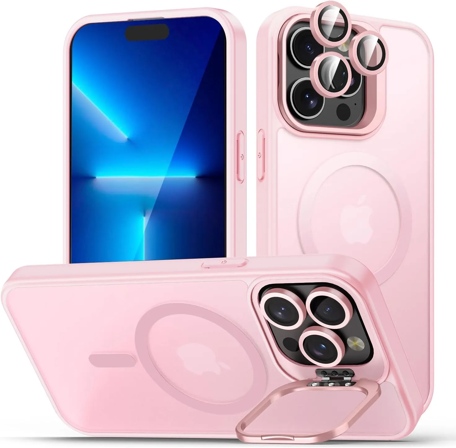 for iPhone 13 Pro Max Case, Compatible with MagSafe, Built-in Camera Ring Stand, with Individual Camera Cover, Translucent Matte Military-Grade Drop Protection Magnetic Case, Pink