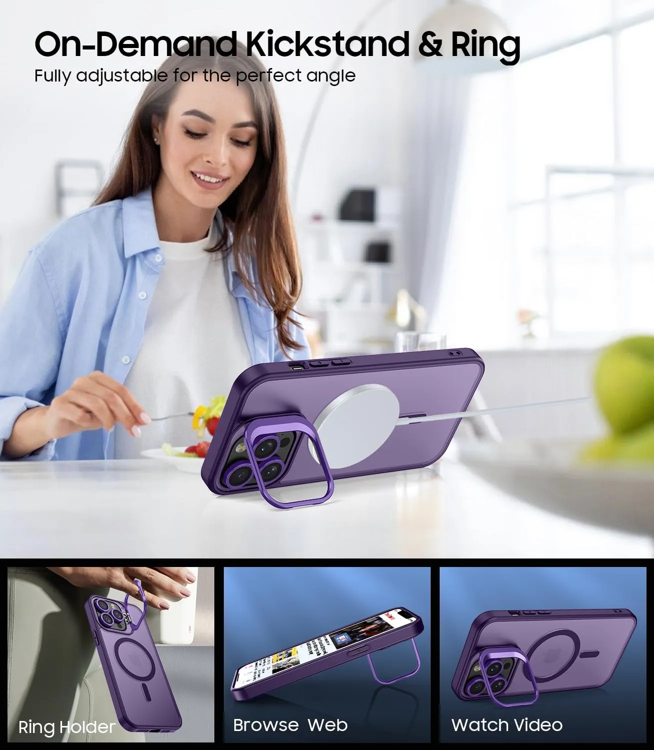 for iPhone 13 Pro Max Case, Compatible with MagSafe, Built-in Camera Ring Stand, with Individual Camera Cover, Translucent Matte Military-Grade Drop Protection Magnetic Case, Purple