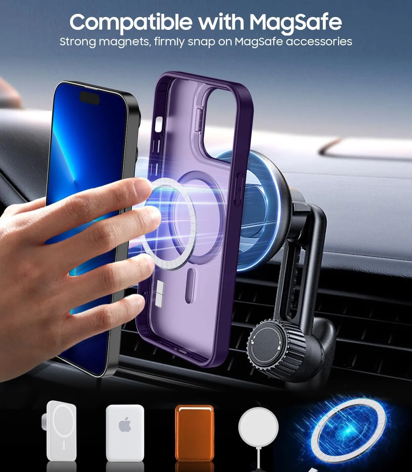 for iPhone 13 Pro Max Case, Compatible with MagSafe, Built-in Camera Ring Stand, with Individual Camera Cover, Translucent Matte Military-Grade Drop Protection Magnetic Case, Purple