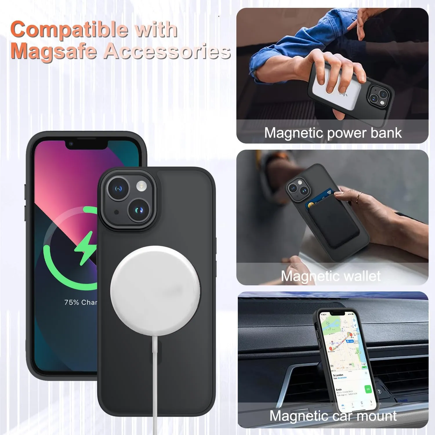 for iPhone 14 Case, iPhone 13 Case, with 1 Screen Protector, Matte Magnetic Slim Phone Cover, Support for Magsafe, Shockproof Protection Translucent Frosted Back,Black