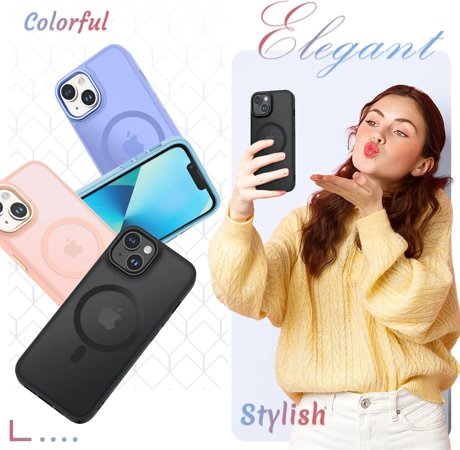 for iPhone 14 Case, iPhone 13 Case, with 1 Screen Protector, Matte Magnetic Slim Phone Cover, Support for Magsafe, Shockproof Protection Translucent Frosted Back,Black