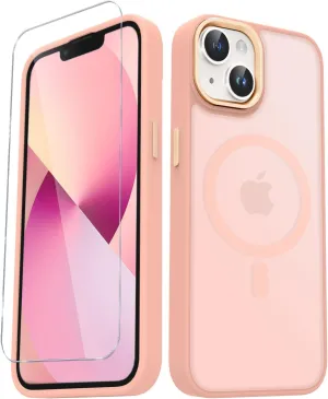 for iPhone 15 Case, Matte Magnetic Phone Case with 1 Screen Protector, Support for Magsafe, Translucent Frosted Slim Shockproof Protective Cover for iPhone 15 6.1 inch, Pink