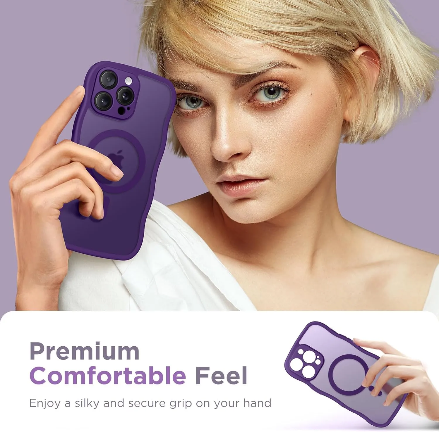 for iPhone 16 Pro Max Case for Women Girls, Upgraded [Full Camera Protection] [Compatible with MagSafe] Cute Wave Translucent Matte Phone Case for iPhone 16 Pro Max, Deep Purple