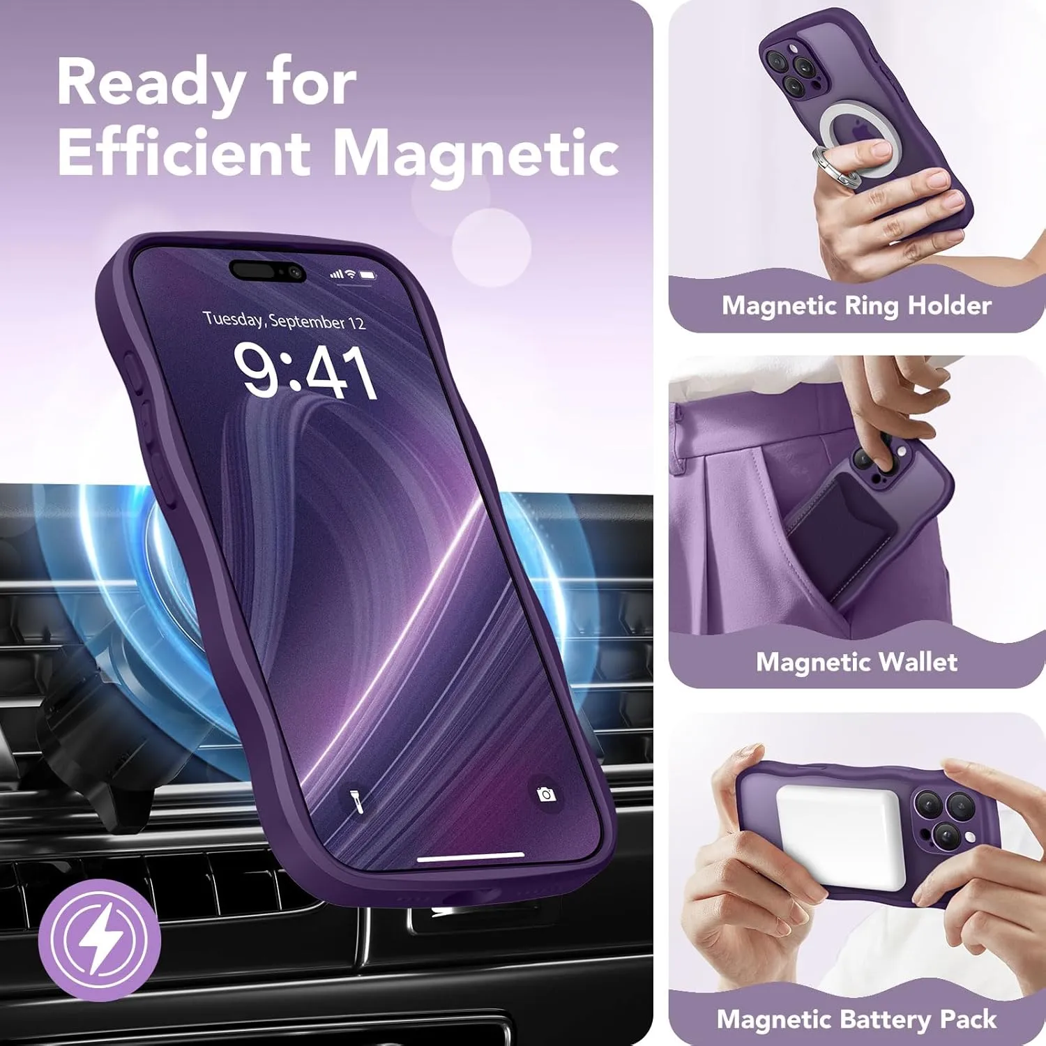 for iPhone 16 Pro Max Case for Women Girls, Upgraded [Full Camera Protection] [Compatible with MagSafe] Cute Wave Translucent Matte Phone Case for iPhone 16 Pro Max, Deep Purple