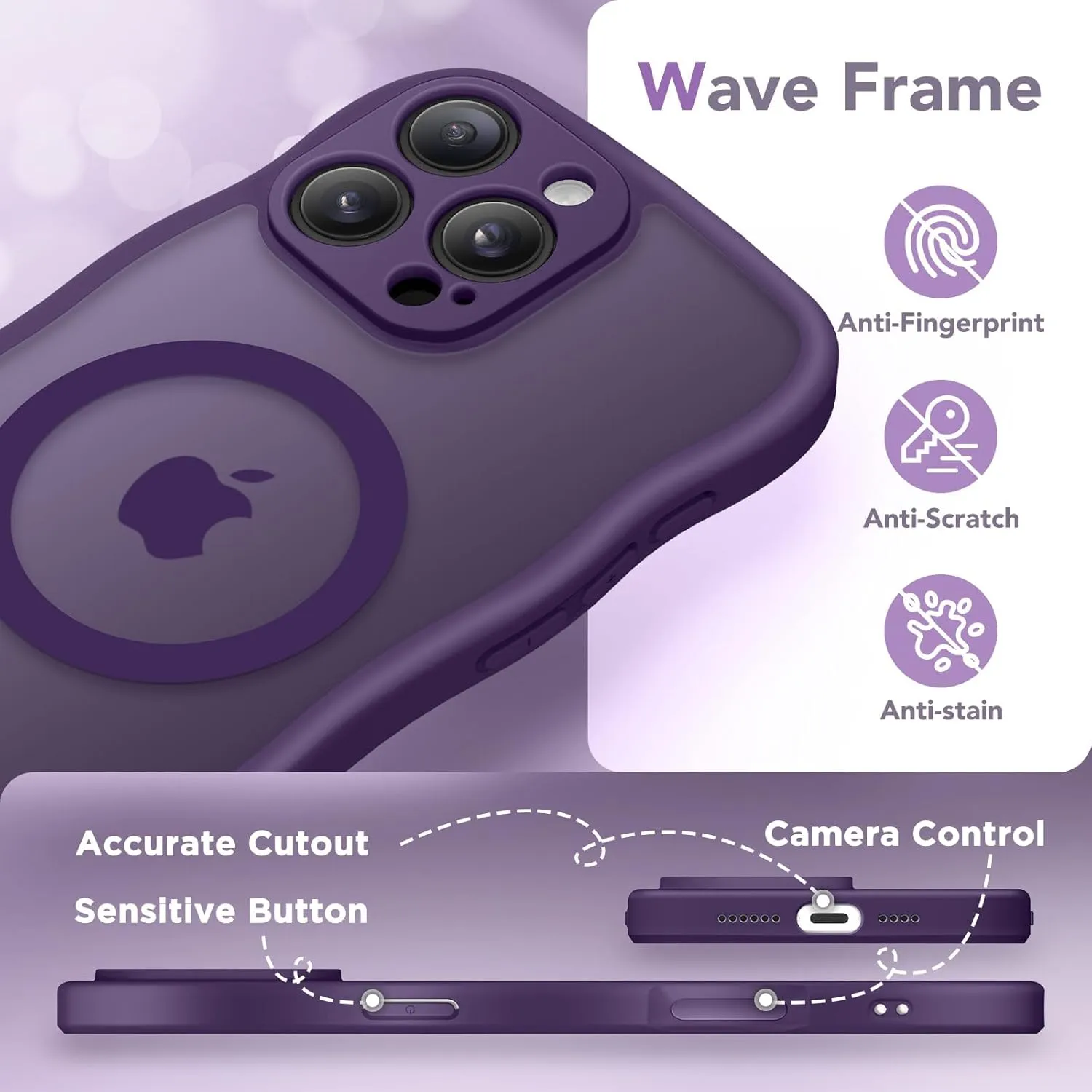 for iPhone 16 Pro Max Case for Women Girls, Upgraded [Full Camera Protection] [Compatible with MagSafe] Cute Wave Translucent Matte Phone Case for iPhone 16 Pro Max, Deep Purple