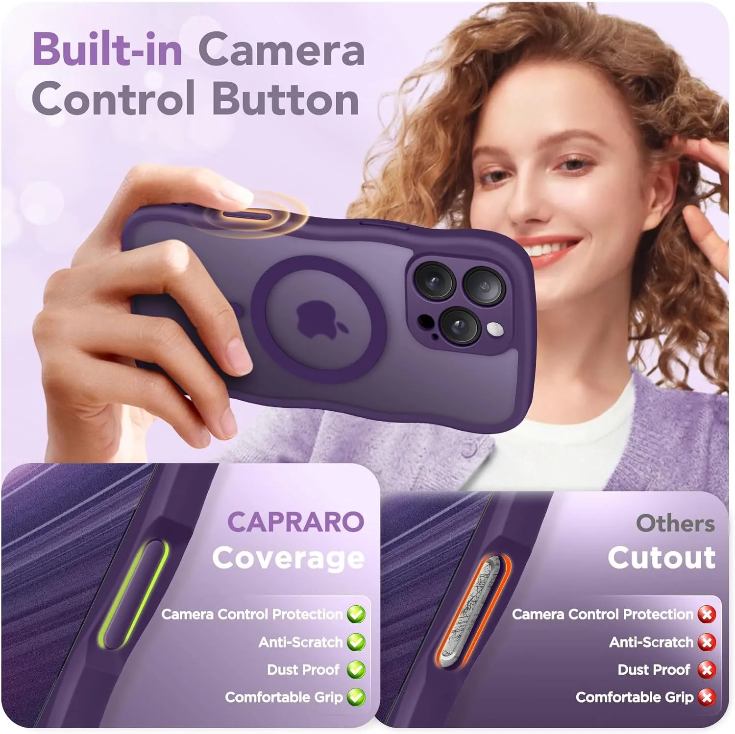 for iPhone 16 Pro Max Case for Women Girls, Upgraded [Full Camera Protection] [Compatible with MagSafe] Cute Wave Translucent Matte Phone Case for iPhone 16 Pro Max, Deep Purple