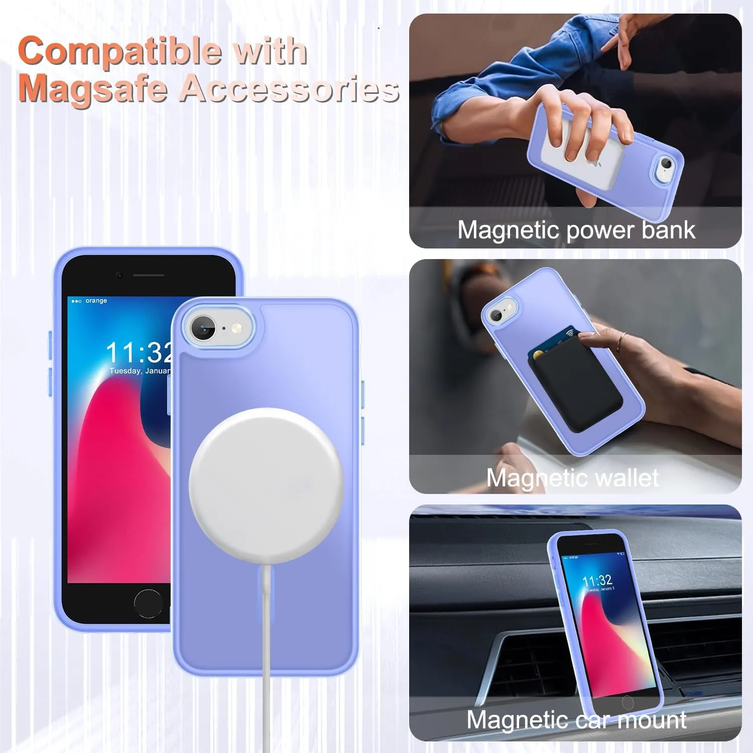 for iPhone SE Case 2022(3rd)/2020(2nd), iPhone 8/7 Case, with 1 Screen Protector, Matte Magnetic Slim Phone Cover, Support for Magsafe, Shockproof Protection Translucent Frosted Back,Lavender Purple