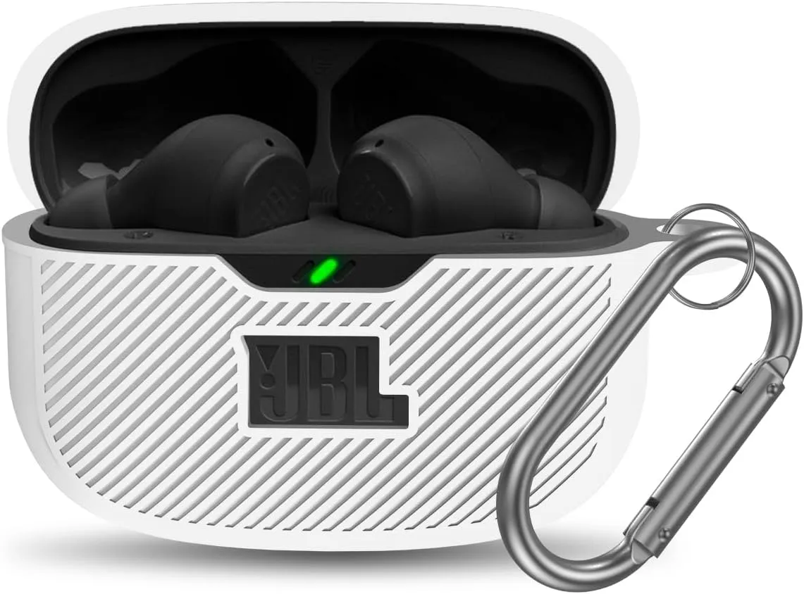 for JBL Vibe 200TWS & Vibe Beam Case Cover, Silicone Protective Shock Cover with Carabiner (White)
