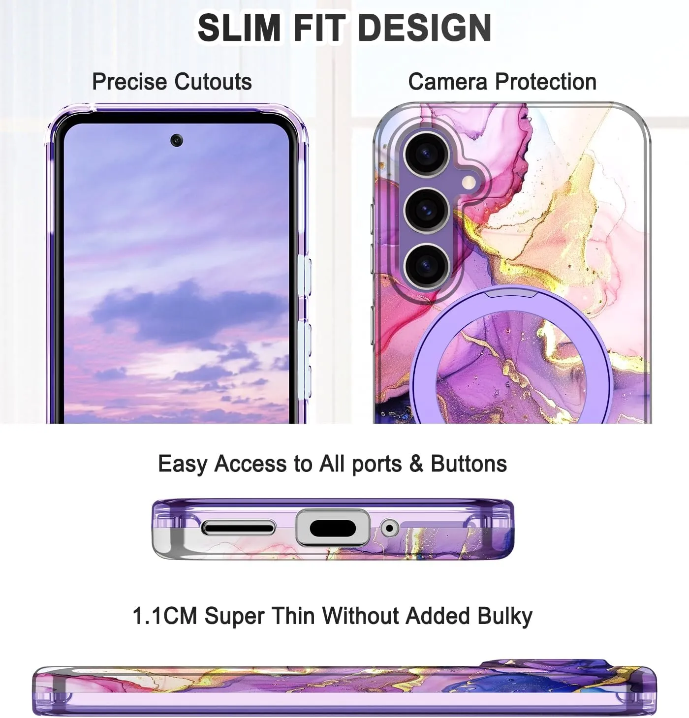 for Samsung Galaxy S23 FE Case with Magnetic Invisible Ring Stand [Compatible with MagSafe], Full Body Rugged Slim Women Men Girl Shockproof Marble Pattern Design Case, Blue Purple