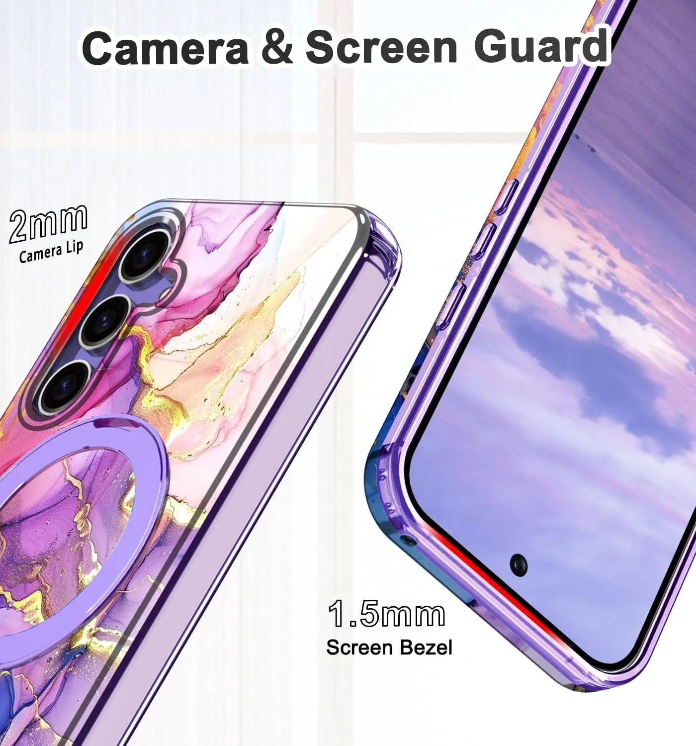 for Samsung Galaxy S23 FE Case with Magnetic Invisible Ring Stand [Compatible with MagSafe], Full Body Rugged Slim Women Men Girl Shockproof Marble Pattern Design Case, Blue Purple
