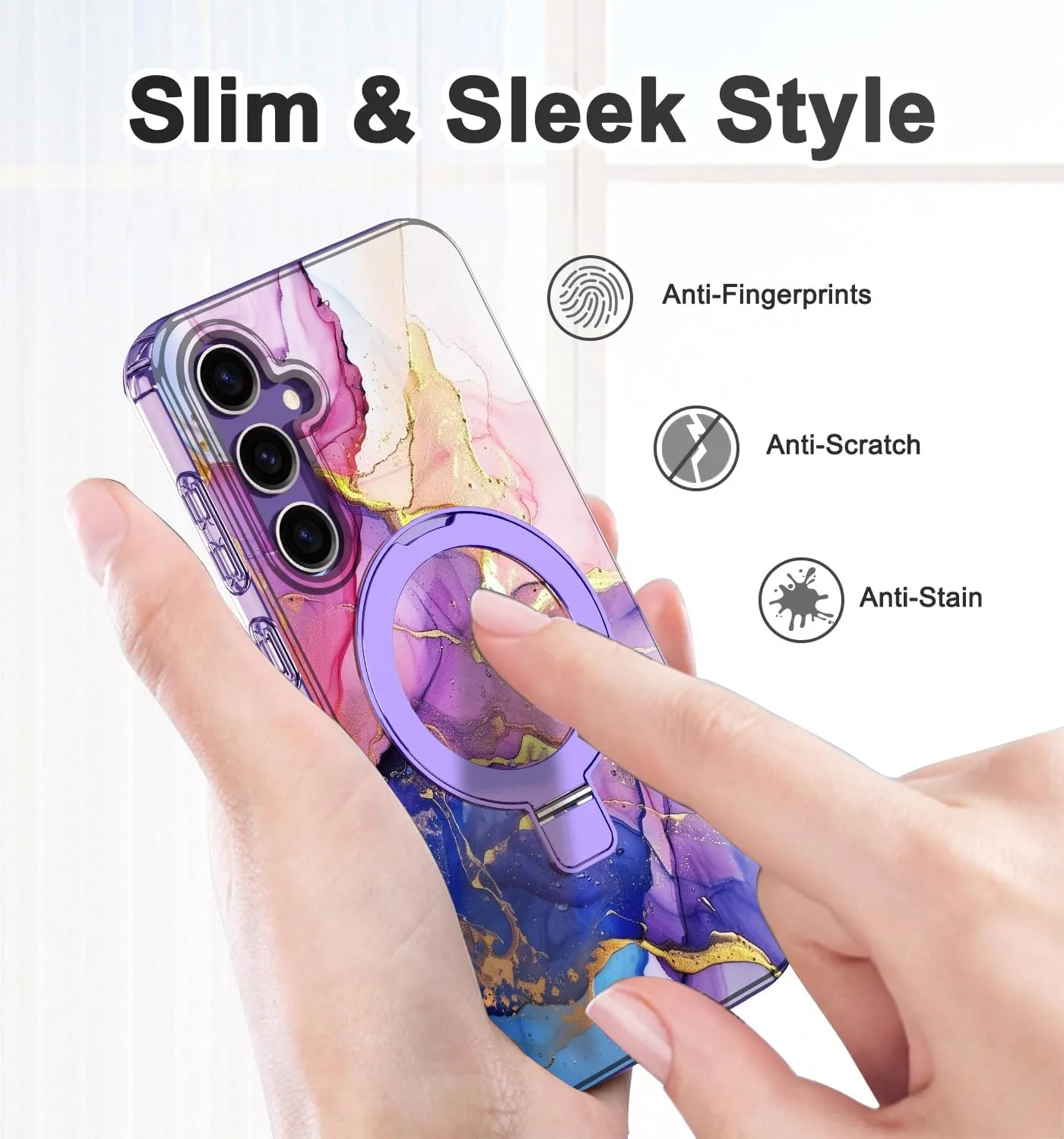 for Samsung Galaxy S23 FE Case with Magnetic Invisible Ring Stand [Compatible with MagSafe], Full Body Rugged Slim Women Men Girl Shockproof Marble Pattern Design Case, Blue Purple