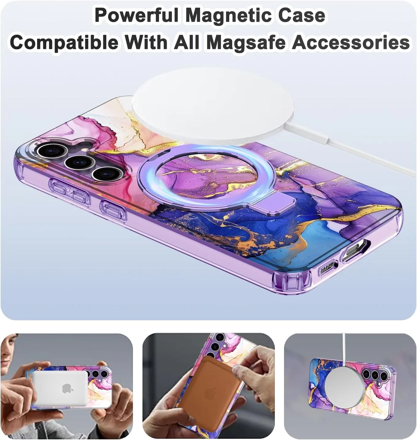 for Samsung Galaxy S23 FE Case with Magnetic Invisible Ring Stand [Compatible with MagSafe], Full Body Rugged Slim Women Men Girl Shockproof Marble Pattern Design Case, Blue Purple
