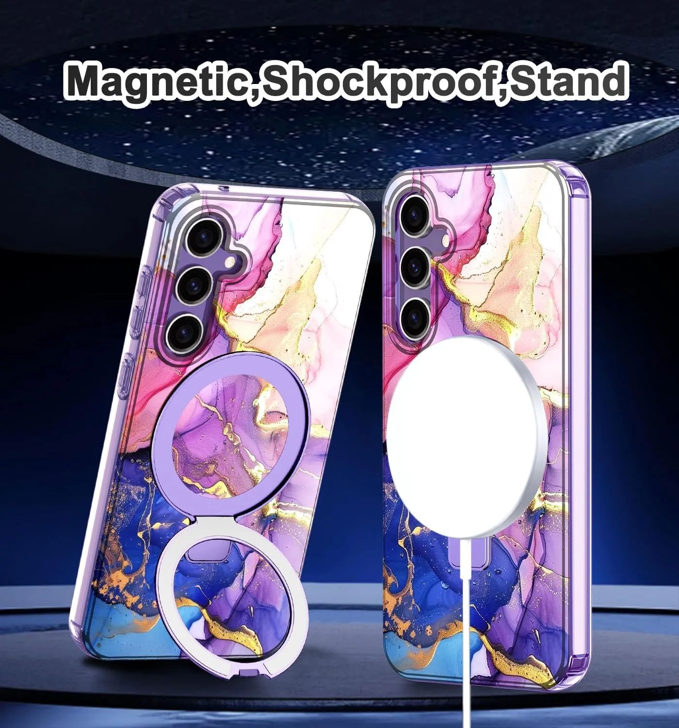 for Samsung Galaxy S23 FE Case with Magnetic Invisible Ring Stand [Compatible with MagSafe], Full Body Rugged Slim Women Men Girl Shockproof Marble Pattern Design Case, Blue Purple