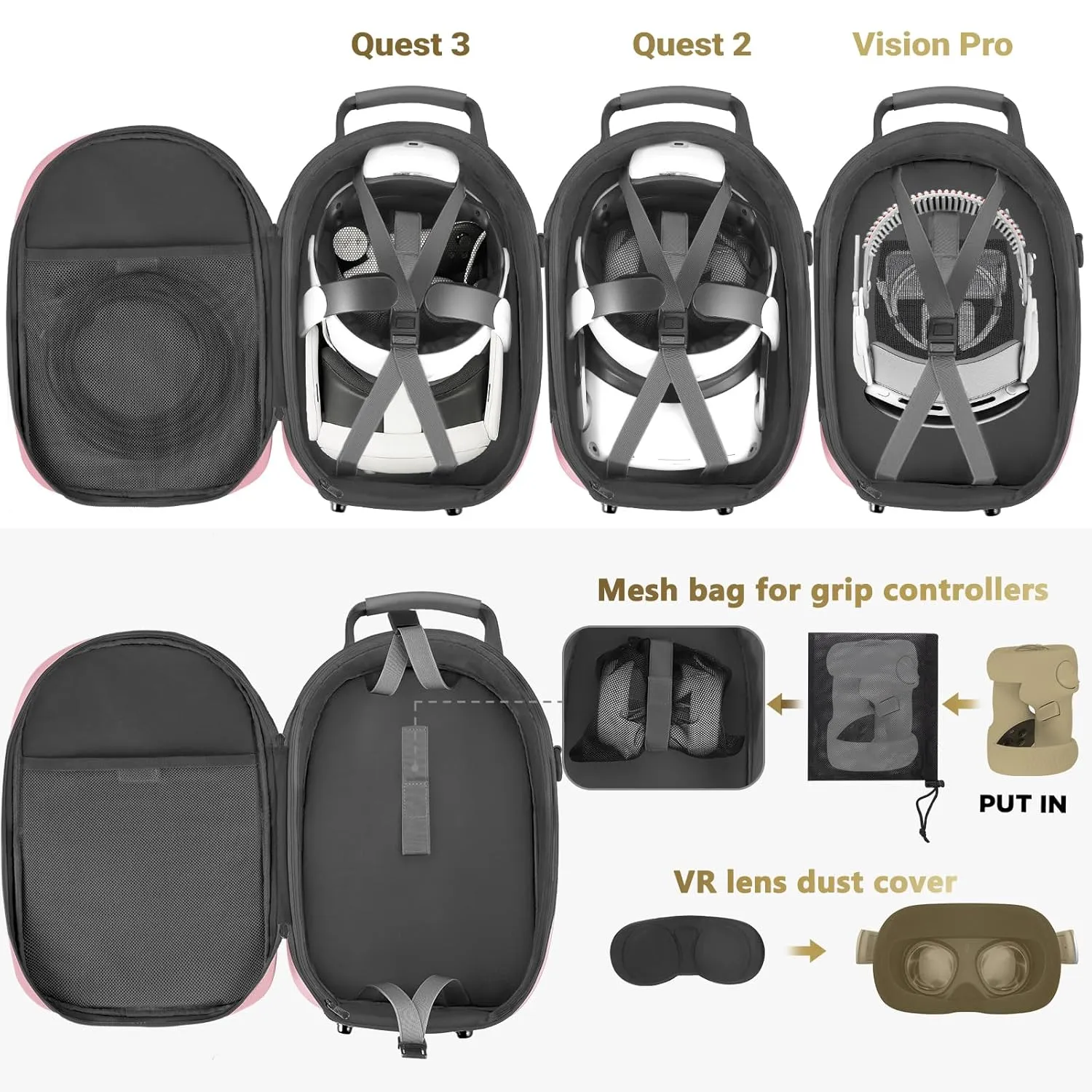 FOREGOER Carrying Case for Meta Quest 3/Oculus Quest 2, Hard Travel Storage Case Compatible with Meta Oculus Quest 2 Headset, Quest Pro and Accessories, VR All-in-One Gaming Headset (Pink)