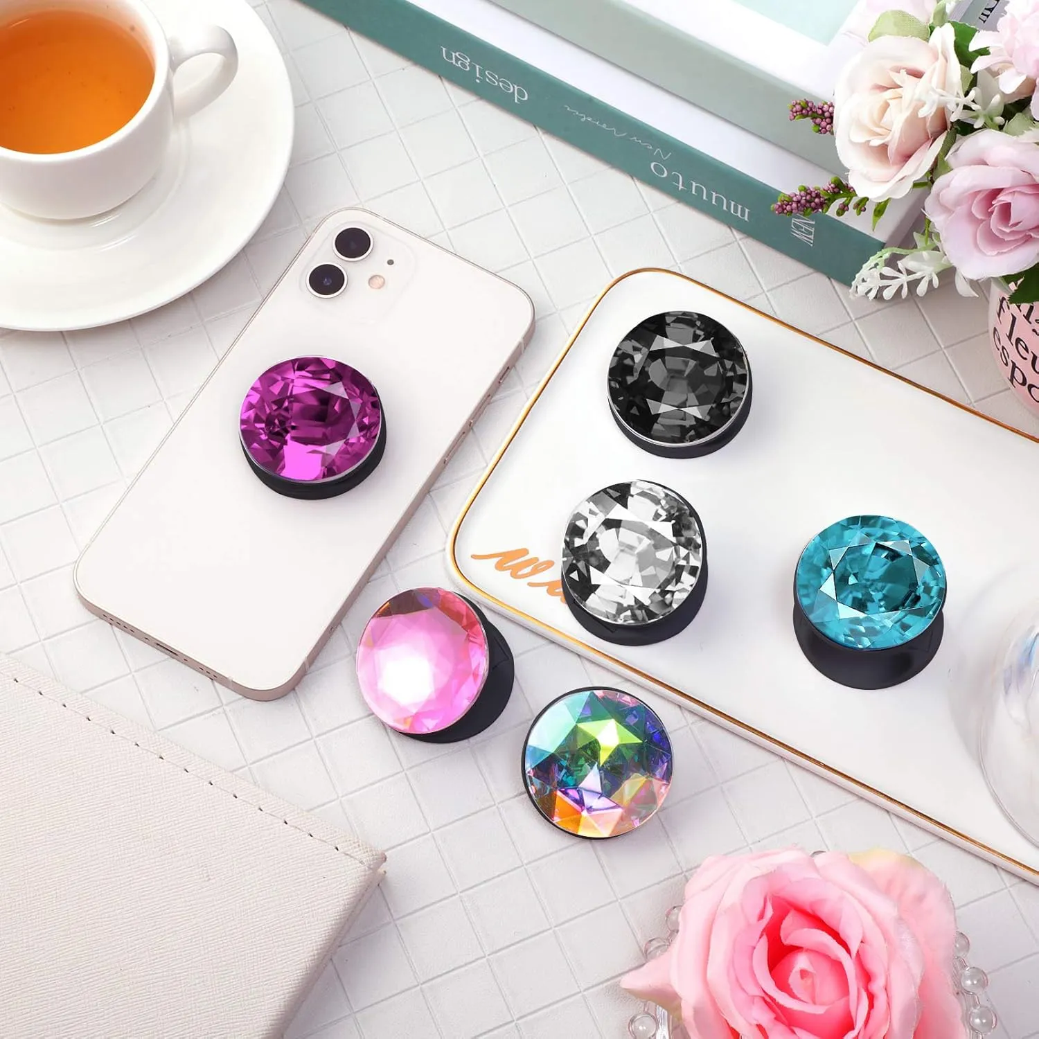 Frienda 6 Pieces Plastic Disco Crystal Phone Grip Collapsible Crystal Phone Grip Holder Adhesive Foldable Expanding Finger Stand Holder Kickstand for Smartphone and Tablets(Eye-catching Colors)