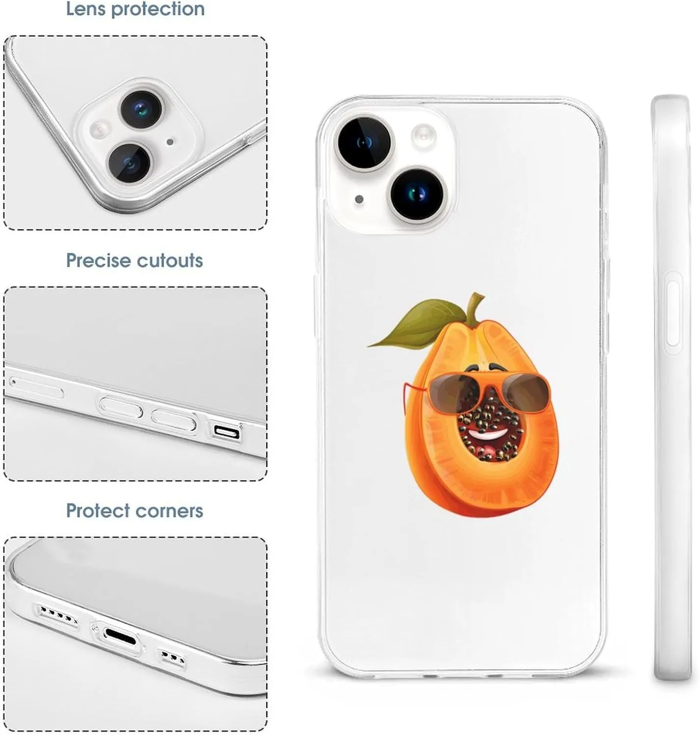 Fruit Papaya Glasses Papaya Phone Case Shockproof Phone Cover Non-Slip Soft Back Protective Cover Compatible with iPhone 14 iPhone 14