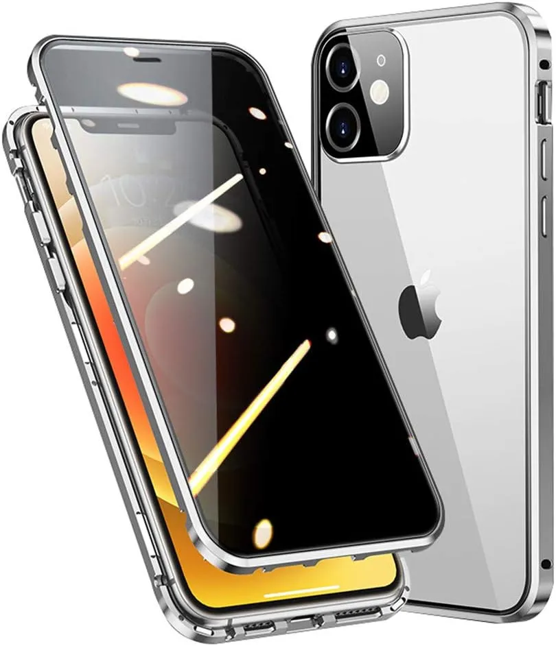 HENGHUI Lockable iPhone 13 Mini Anti Peeping Case Magnetic Glass Case Built-in Camera Lens Protector Privacy Screen Glass Protector Bumper Case Anti peep Cover with Lock (13mini, Silver)