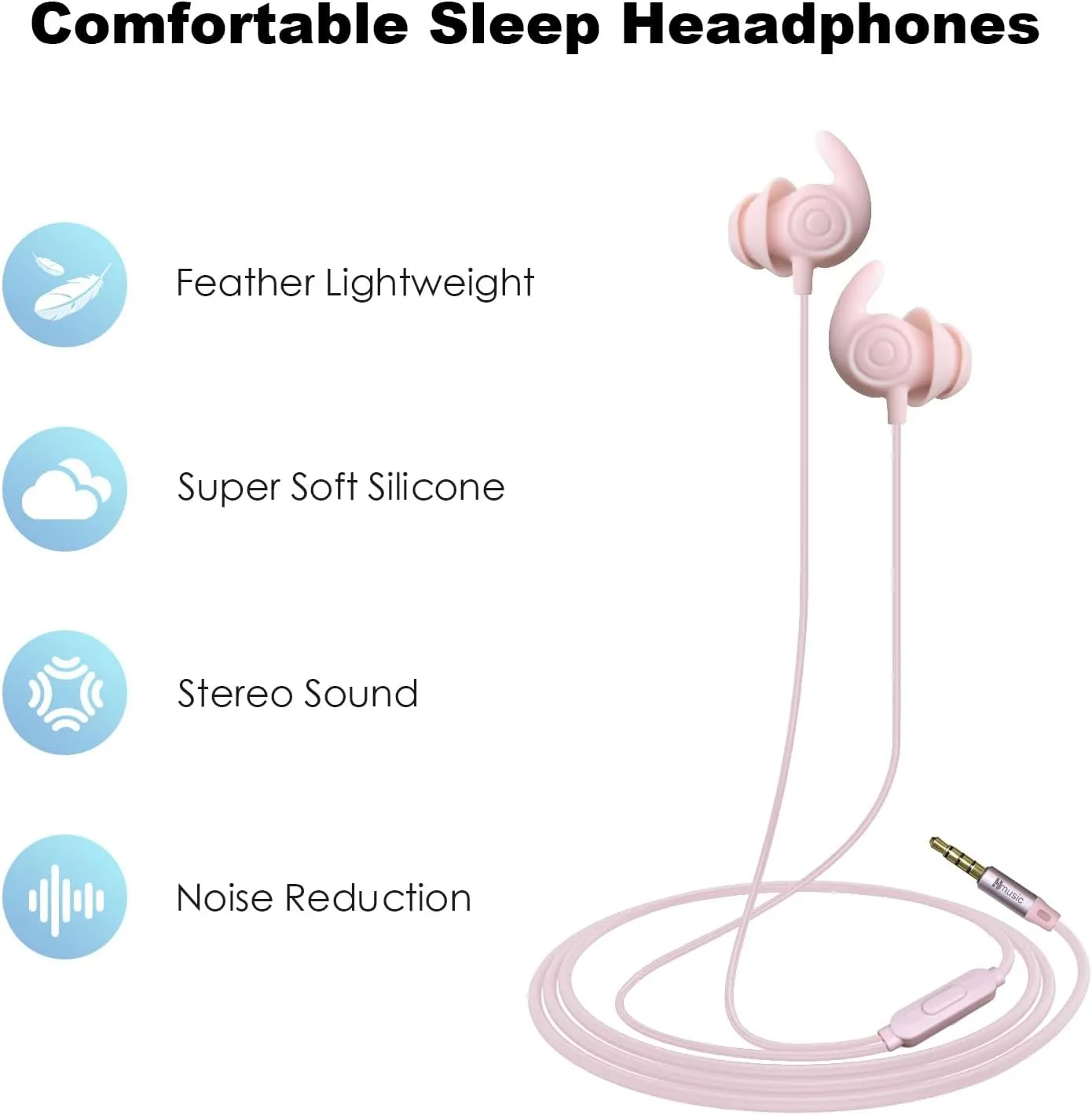 Hmusic Sleep Earphones, Noise Isolation 3.5mm Sleep Headphones Wired, Lightweight Soft Silicone Earbuds with Mic for Insomnia, Side Sleeper, Snoring, Air Travel, Yoga, Relaxation, Meditation (Pink)