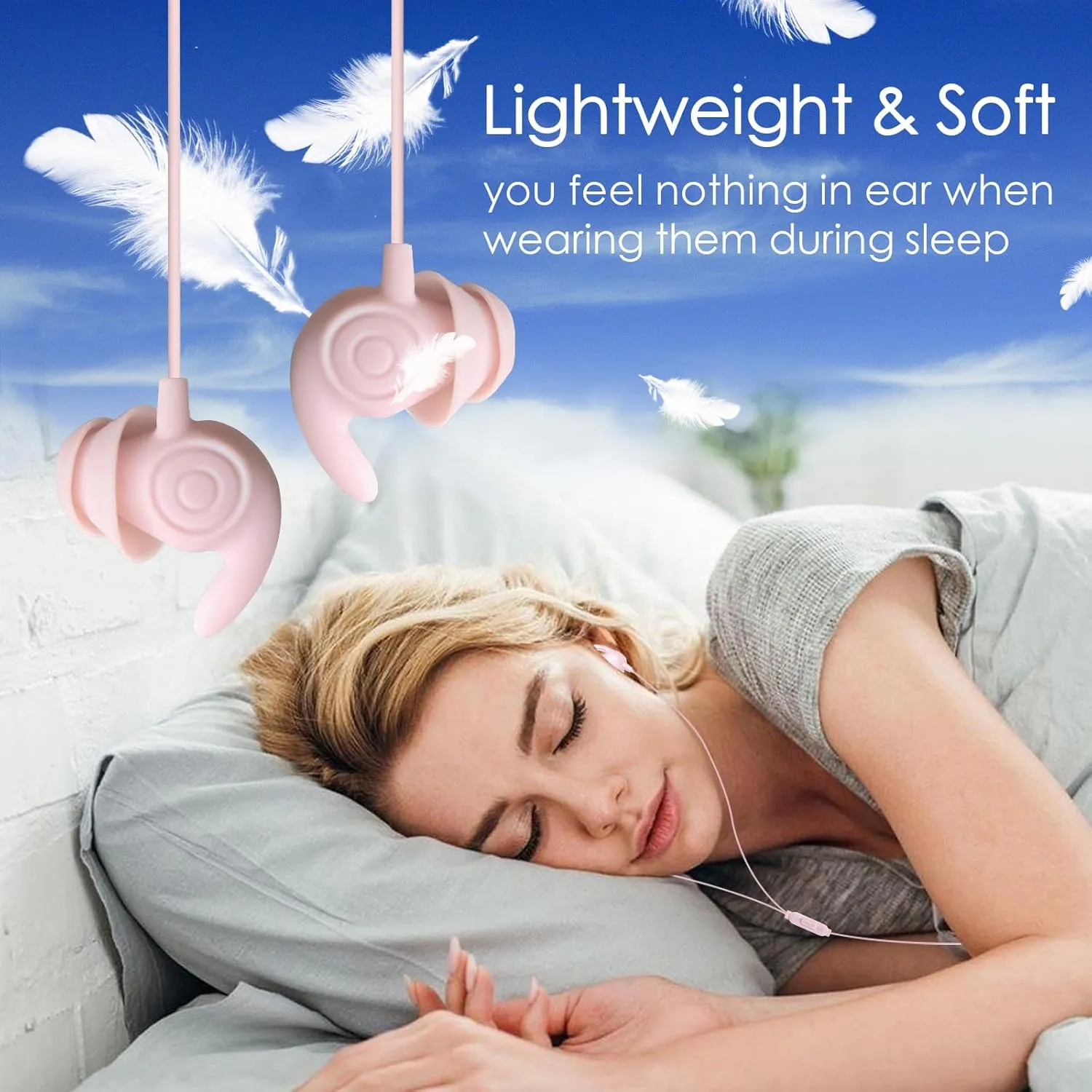 Hmusic Sleep Earphones, Noise Isolation 3.5mm Sleep Headphones Wired, Lightweight Soft Silicone Earbuds with Mic for Insomnia, Side Sleeper, Snoring, Air Travel, Yoga, Relaxation, Meditation (Pink)