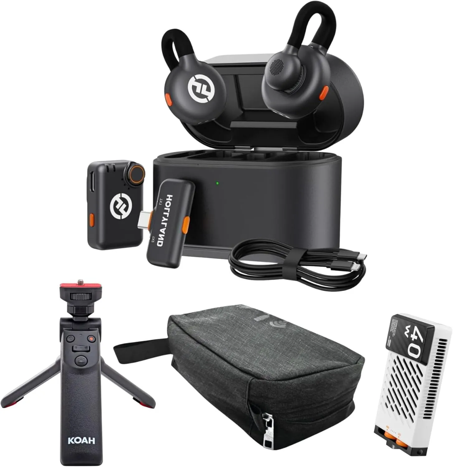 Hollyland Lark M2S Combo, Zhiyun FIVERAY M40 40W Pocket LED, Koah Vlogging Camera Grip and Maxell Folding Storage Bundle