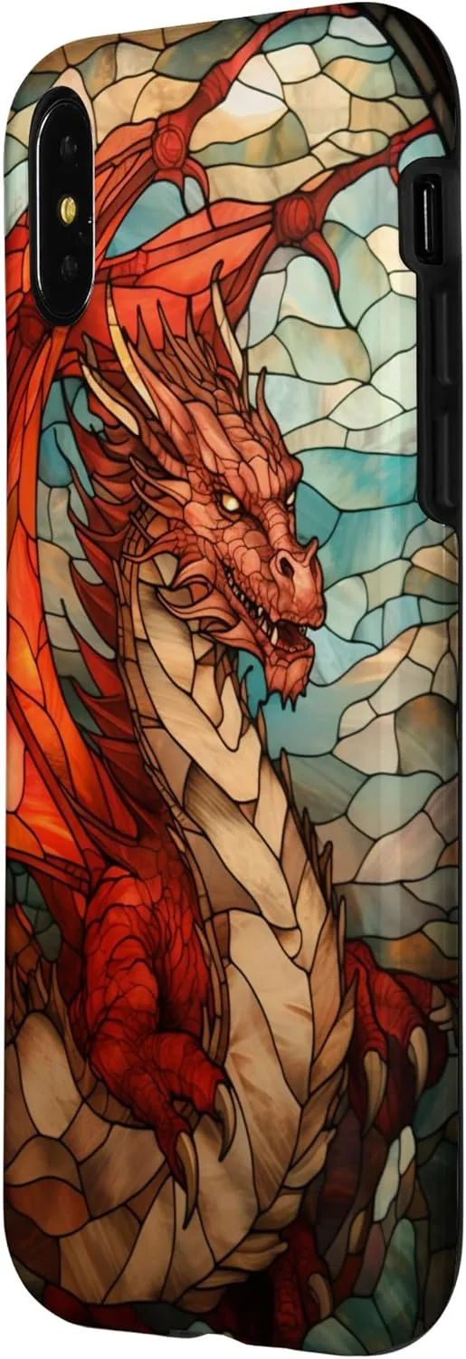 iPhone X/XS Red Colored Dragon Stained Glass Medieval Cover Phone Case