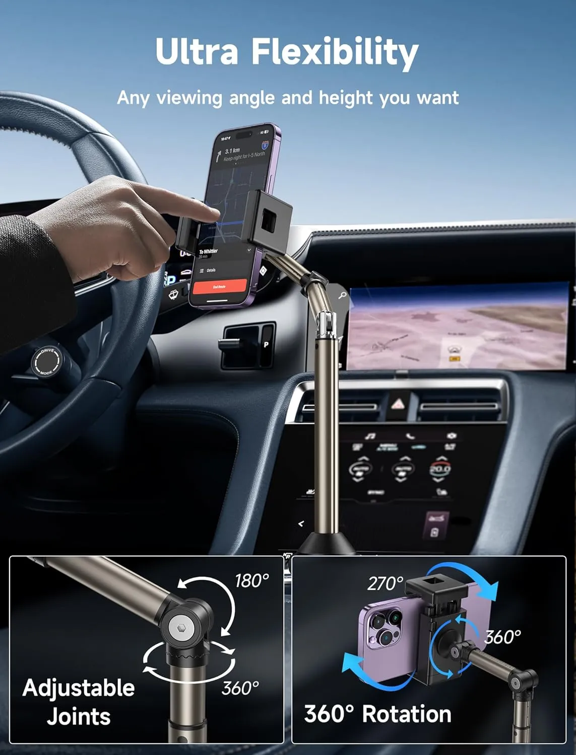 JSAUX Car Cup Holder Cellphone Mount, Metal Long-Arm Ultra Stable Phone Holder for Car Cupholders - Adjustable for iPhone 16 15 Pro Max 13 12 11, Samsung Galaxy S24 S23 Ultra, Google Pixel 9 Pro