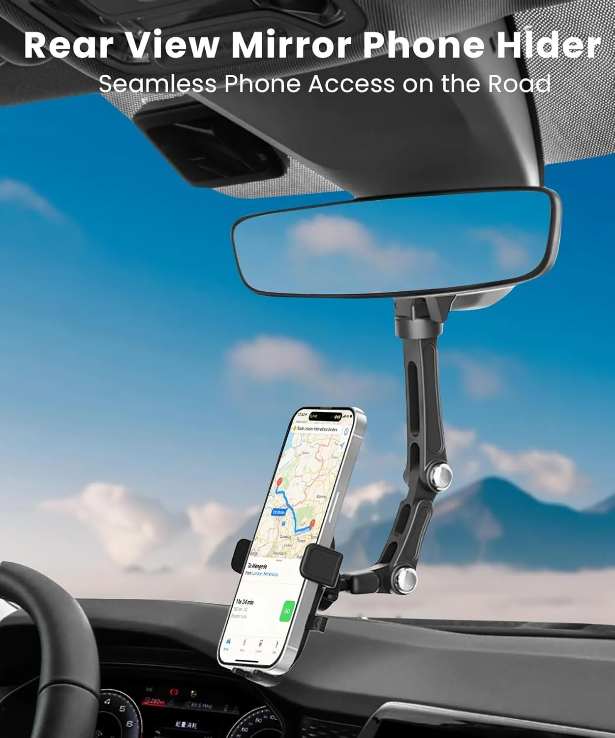 Karmus Rear View Mirror Phone Holder, Rearview Mirror Phone Holder for Car, Rotatable and Retractable Car Phone Holder Mount, Car Truck Essentials Accessories Compatible with All Cell Phones