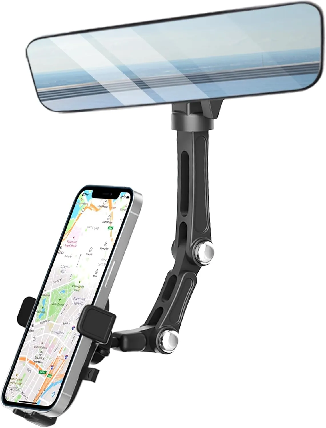 Karmus Rear View Mirror Phone Holder, Rearview Mirror Phone Holder for Car, Rotatable and Retractable Car Phone Holder Mount, Car Truck Essentials Accessories Compatible with All Cell Phones