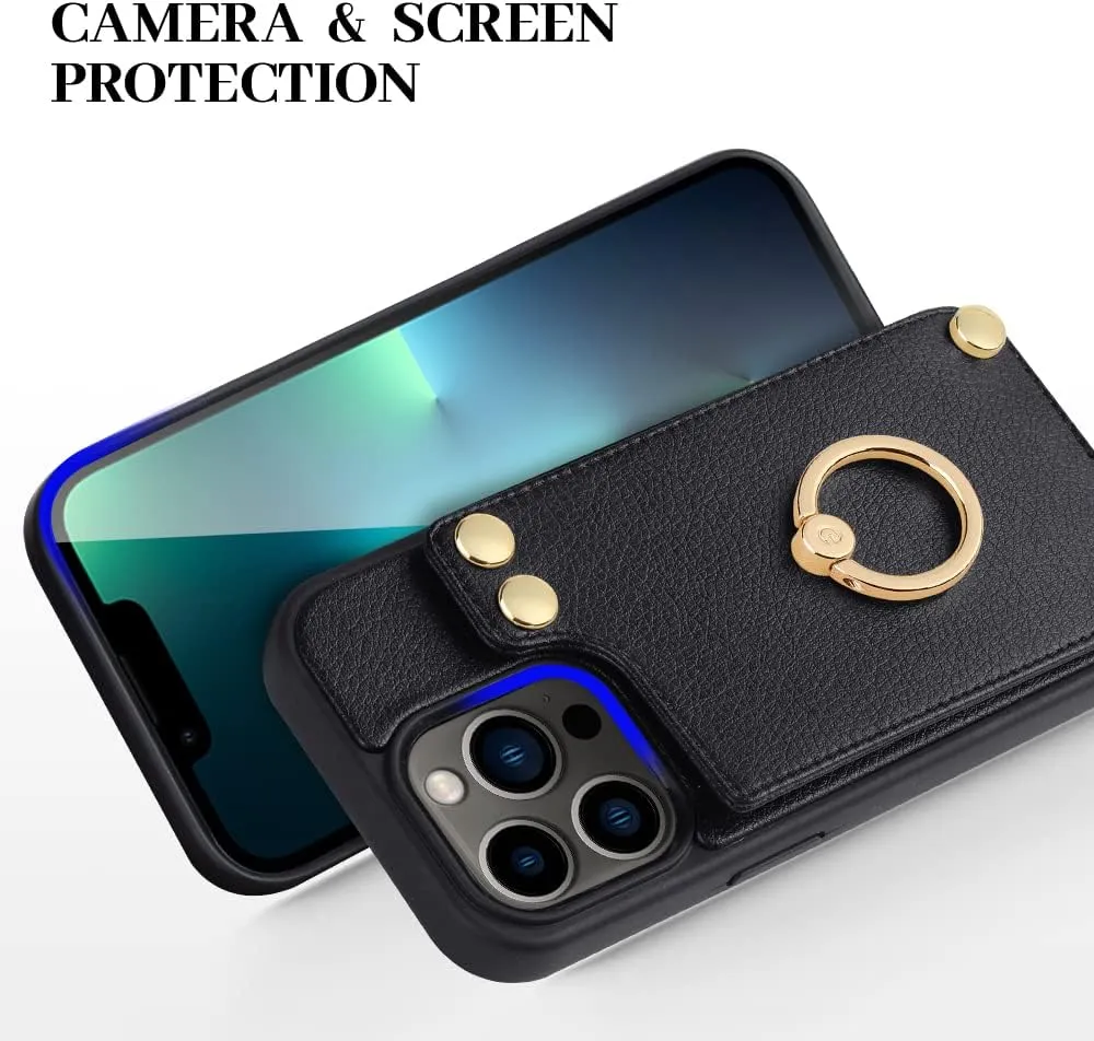 LAMEEKU Compatible with iPhone 13 Pro Case Wallet 6.1'', Leather Case with Card Holder, RFID Blocking, 360Rotation Ring Kickstand, Snap Button Protective Case Designed for Apple iPhone 13 Pro Black