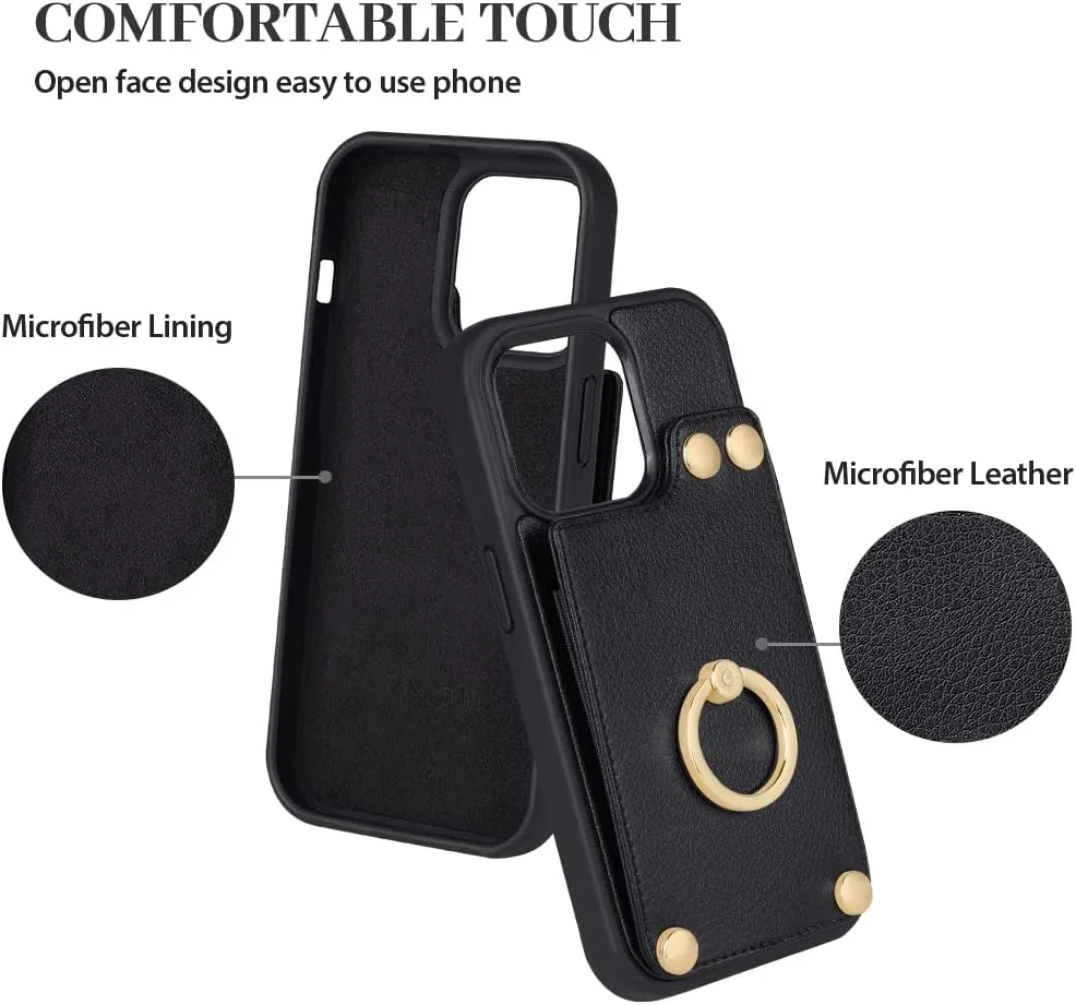 LAMEEKU Compatible with iPhone 13 Pro Case Wallet 6.1'', Leather Case with Card Holder, RFID Blocking, 360Rotation Ring Kickstand, Snap Button Protective Case Designed for Apple iPhone 13 Pro Black