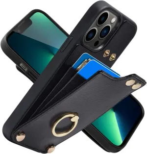 LAMEEKU Compatible with iPhone 13 Pro Case Wallet 6.1'', Leather Case with Card Holder, RFID Blocking, 360Rotation Ring Kickstand, Snap Button Protective Case Designed for Apple iPhone 13 Pro Black