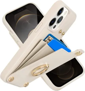 LAMEEKU for iPhone 12 Pro/12 Wallet Case 6.1'', Leather Case with Card Holder, 360Rotation Ring Stand, RFID Blocking Protective Cover for Women for iPhone 12/12 Pro Beige