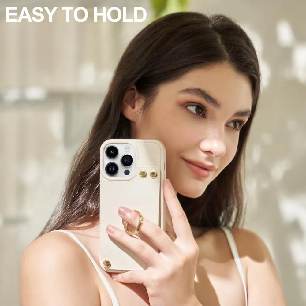 LAMEEKU for iPhone 12 Pro/12 Wallet Case 6.1'', Leather Case with Card Holder, 360Rotation Ring Stand, RFID Blocking Protective Cover for Women for iPhone 12/12 Pro Beige
