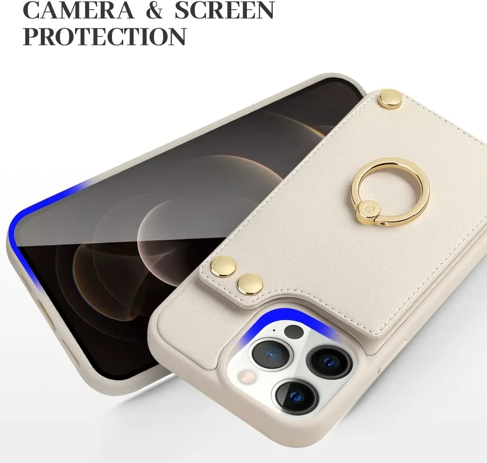 LAMEEKU for iPhone 12 Pro/12 Wallet Case 6.1'', Leather Case with Card Holder, 360Rotation Ring Stand, RFID Blocking Protective Cover for Women for iPhone 12/12 Pro Beige